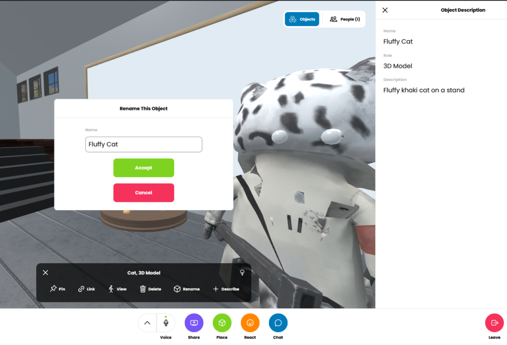 Rename this object popup hides the cat in question. The box has "Fluffy cat". On the right is the object description, its name is fluffy cat, role is 3d model, and description fluffy khaki cat on a stand.