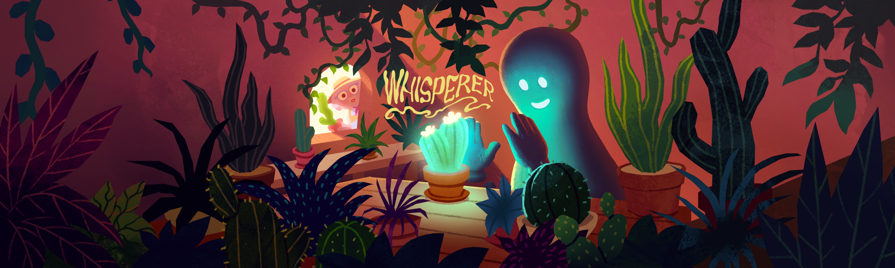 A ghost is smiling and moving a cactus plant on the table without touching it. There are many pots with plants around them. A person watches in the distance from a doorway.