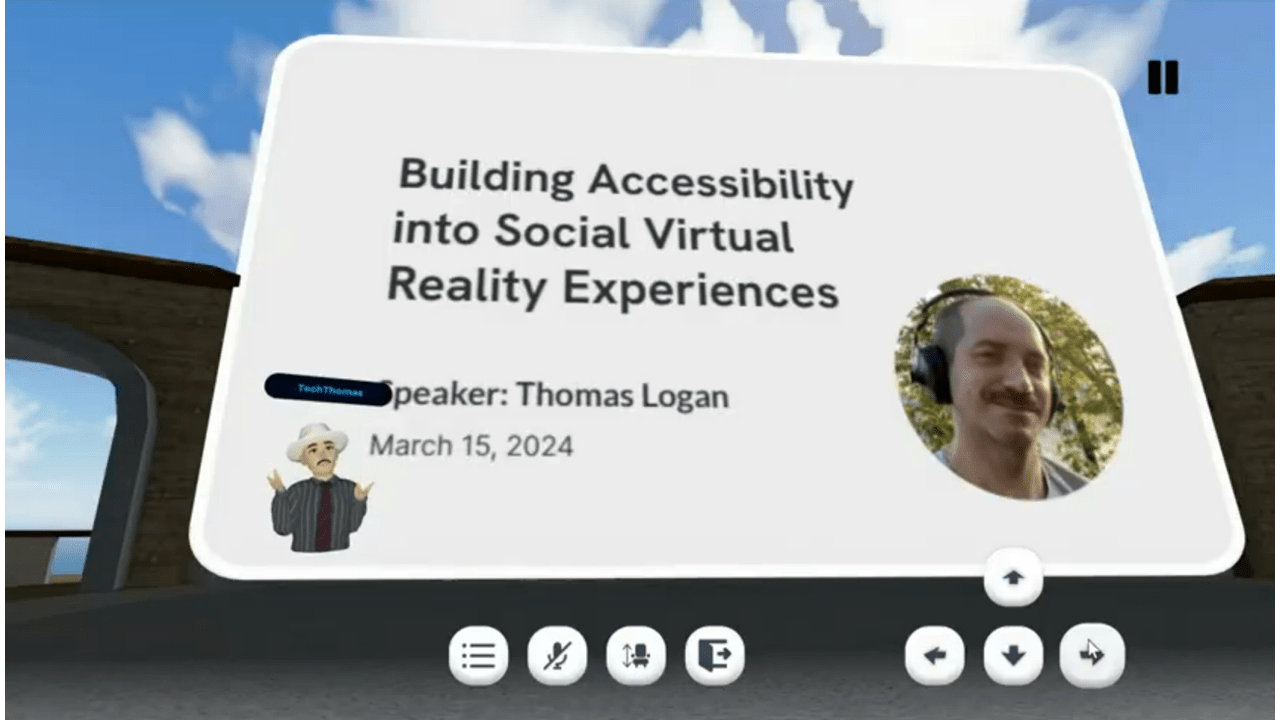 Screenshot of a virtual reality setting with Thomas's presentation on a big screen and Thomas's avatar who wears a white hat, dark shirt, and purple tie. There are buttons at the bottom and a sky above the screen